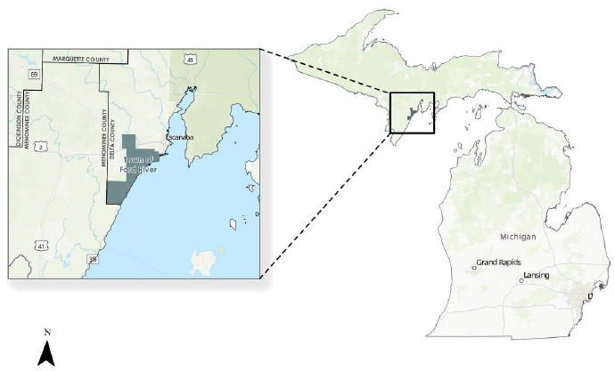 Map highlighting Marquette County in Michigan&#039;s Upper Peninsula.