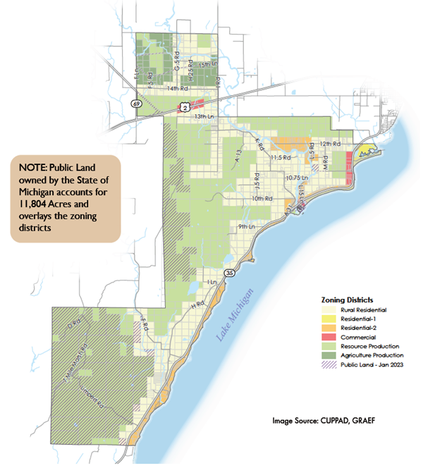 Map showing Michigan state-owned lands and zoning districts.