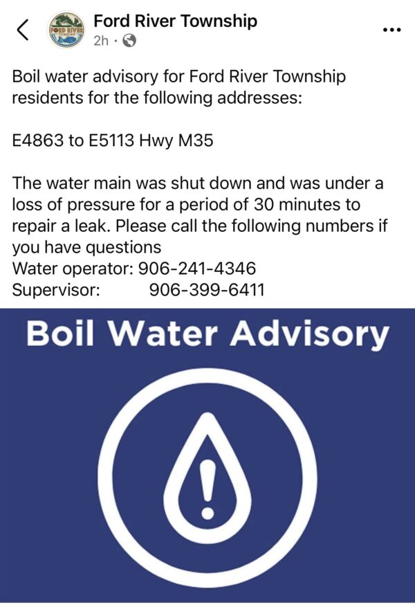 Boil water advisory for Ford River Township